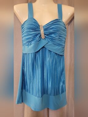 Blue Sleeveless Pleated Tank Top with Rhinestone Accent